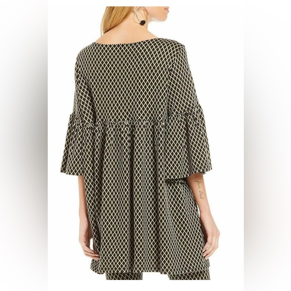 Bryn Walker Diego Diamond Jacquard Bell Sleeve Black Ivory Print Tunic Top Small - Picture 2 of 5